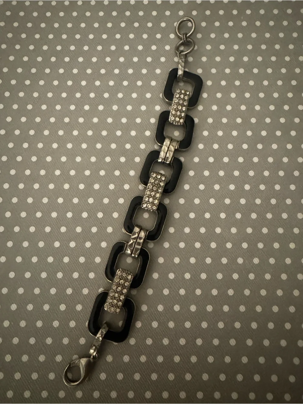 Vintage Rhinestone Black Silver Womens Chain-Link Bracelet  Crystal Accents